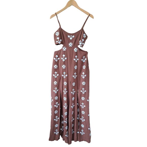FREE PEOPLE Geo Daze Brown Cutout Jumpsuit Small Embroidered Split Wide Leg - Picture 9 of 11